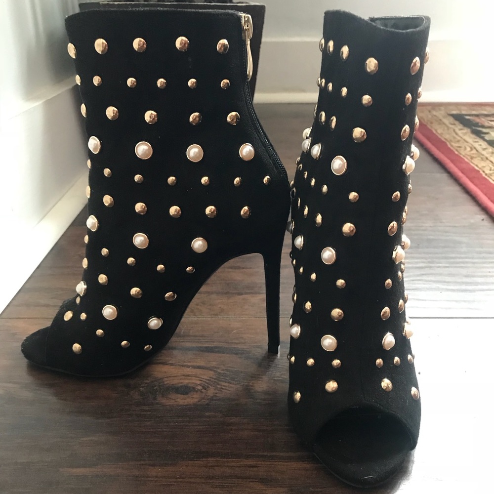 Pearl and stud detail peep toe booties